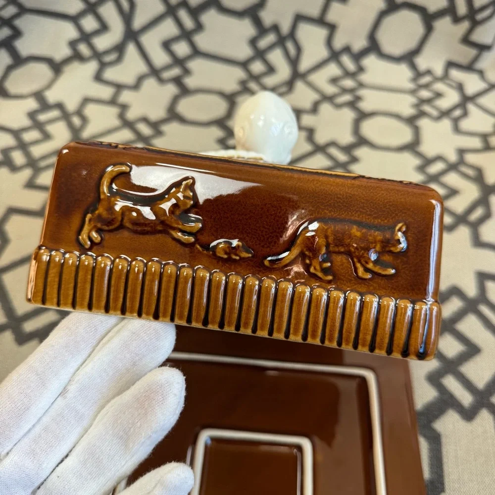 Abigails Portugal Brown Ceramic Cheese Dish Majolica Mouse Cats Lid Tray Artisan